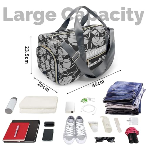 Gym Bags Custom Gray Balck Baseball Grey Duffel Bag with Name Adjustable Shoulder Strap Travel Bag for Teens4