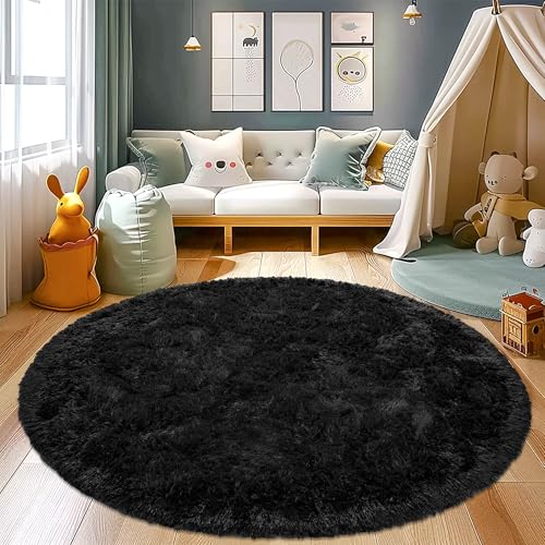 Round Fluffy Circle Rug 6FT Black - Super Soft Shaggy Plush Fuzzy Furry Carpet for Boys Girls Kids Room
