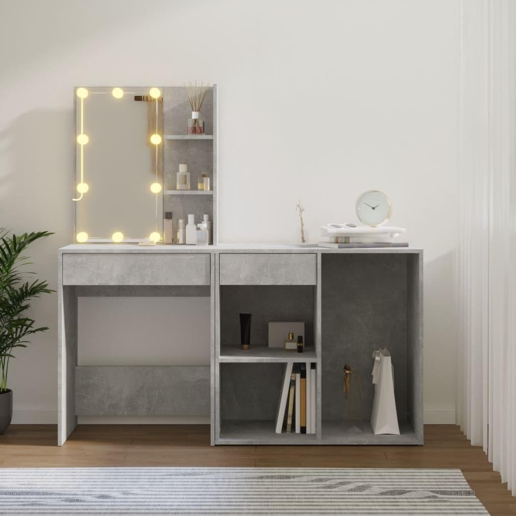 LED-Schminktisch mit Schrank Betongrau Holzwerkstoff 60x40x140 cm Frisiertisch Kosmetiktisch mit Spiegelkommode und Stauraum für Make-up und Kosmetik im Schlafzimmer oder Ankleidezimmer