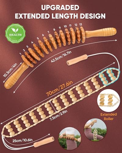 ONUEMP 2PCS Wood Therapy Massage Tools, Wooden Massage Roller Stick & Back Massager Roller Rope, Maderoterapia Kit Colombiana for Lymphatic Drainage, Anti Cellulite, Body Sculpting, Ease Deep Tissue