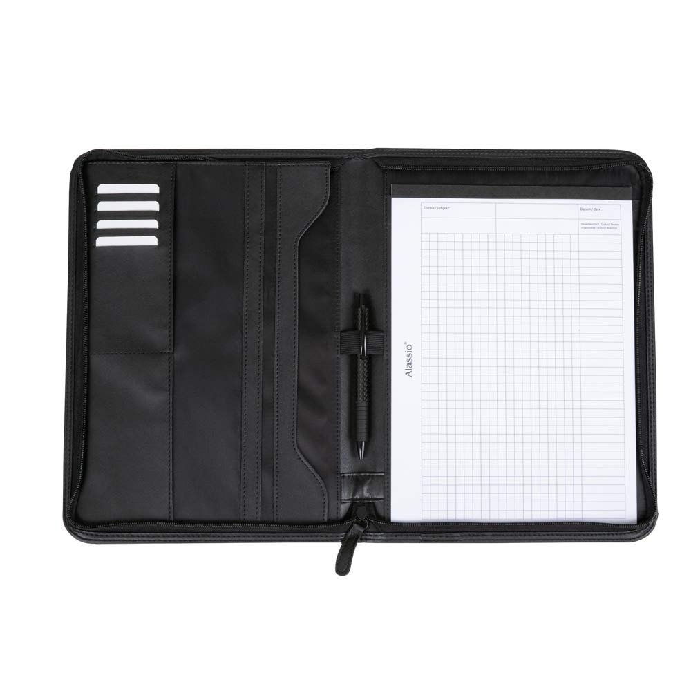 Alassio LORENZO 30067 - Carpeta con cremallera, DIN A4, color negro, carpeta organizadora aprox. 34 x 25 cm, carpeta de conferencias con bloc, compartimentos, trabilla para bolígrafo y 4