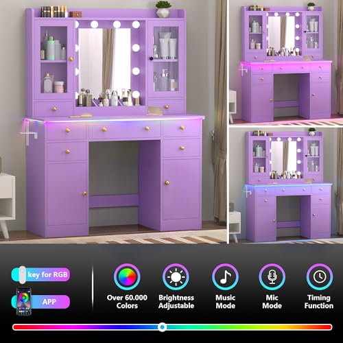 Image of Wodeer Vanity Desk with Mirror and Lights, 43 inch Purple Makeup Vanity Set with 5 Drawers & Glass Cabinets, Makeup Tray, Power Outlet & Adjustable LED Lights, Dressing Table for Women & Girls Bedroom