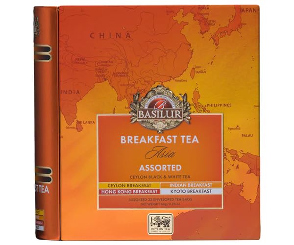 Basilur Asia Assorted Tea Book Tin Caddy Gift Set - 4 Breakfast Blends: Ceylon, Indian, Hong Kong & Kyoto - 32 Foil Enveloped Tea Bags
