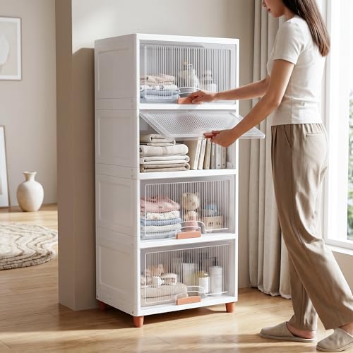 Image of VERAT 4 Tier Cupboard for Storage /Stackable Plastic Storage Cabinet /Foldable Wardrobe for Clothes /Multipurpose Storage Organizer /Closet for Bedroom /Living Room /Kitchen (Transparent & White)