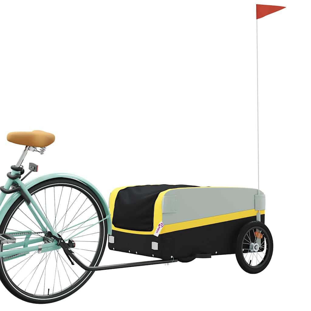 Przyczepa rowerowa, czarna i żółta, z żelaza, udźwig 45 kg, z dyszlem, flaga bezpieczeństwa do transportu ładunków, bagażu, aktywności na świeżym powietrzu, na podróż rowerem, na co dzień