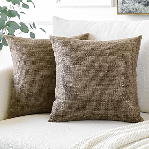 Linen Cushion Covers Set of 2 Square Decorative Throw Pillow Covers with Invisible Zipper for Sofa Couch Car Bedroom Living Room Home Decor (16"x16", Light Brown) Cover