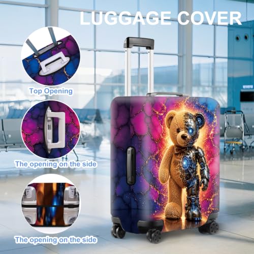 Image of Cyberpunk Mech Teddy Bear Luggage Cover Protective Suitcase Protector, Elastic Washable Travel Baggage Cover Fits 28-30 Inch Suitcase, Cool Robotic Bear Design for Men Women,L
