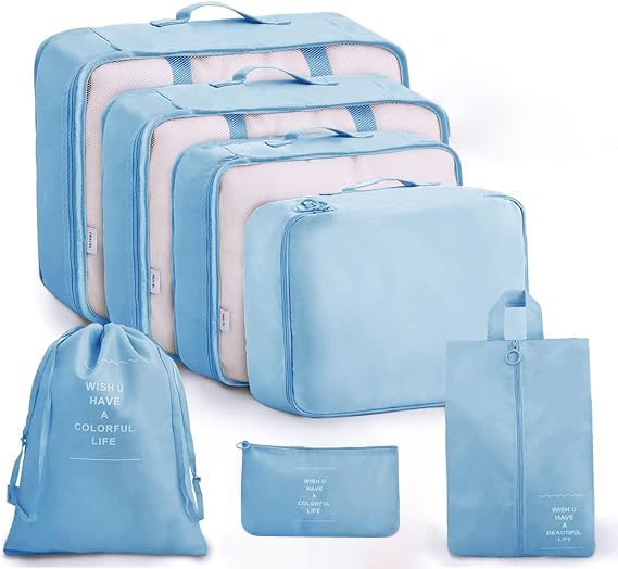 Lyrovo [UPDATED] 7pcs Travel Packing Cubes for clothes Laundry Toiletry Cosmetics Luggage Makeup Pouch Accessories Organizer Bag (Blue)
