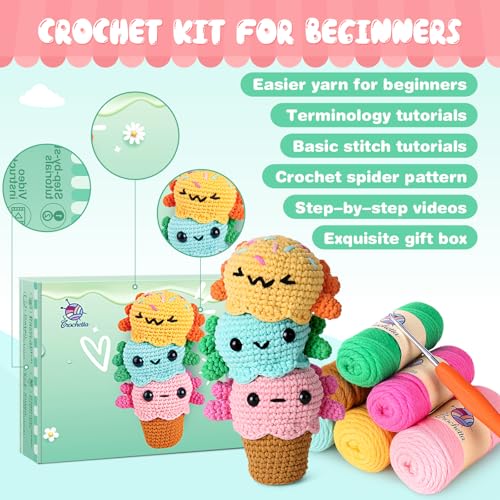 Image of Crochetta Crochet Kit for Beginners, Crochet Starter Kit w Step-by-Step Video Tutorials, Beginner Crochet Kit for Adults Kids Women Men Complete Kit Included (Ice Cream Axolotls)