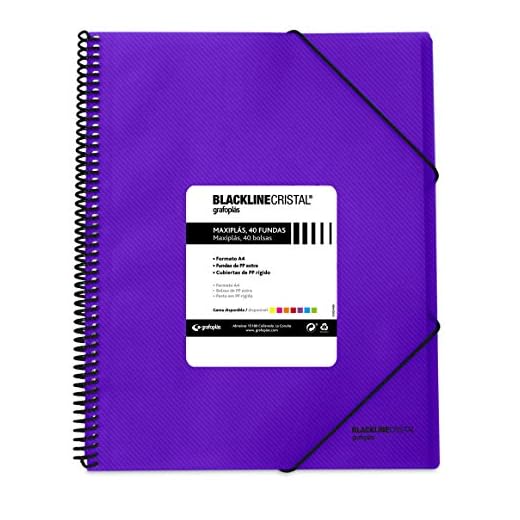 Grafoplás 39834235 Carpeta Polipropileno con 40 Fundas, A4, Color Violeta, Espiral, Cierre de Gomas, Maxiplás Blackline Cristal