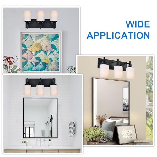 Image of MELUCEE 3-Light Black Bathroom Light Fixtures, Modern Vanity Light Over Mirror Wall Sconces with Milky White Frosted Glass Shades, Suit for Bathroom Dressing Room Laundry Room Kitchen, E26 Socket