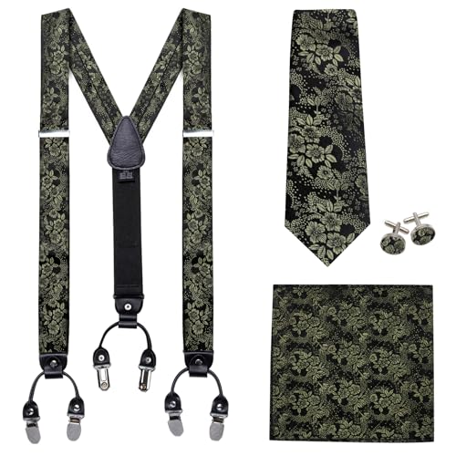 Image of Barry.Wang Men Suspender Set with Necktie Elastic Y Type Heavy Duty 6 Clips Braces Tie Handkerchief Cufflink Pin 6PCS