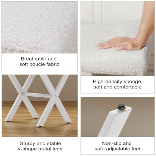 Image of Memobarco 18-Inch Large Vanity Stool Chair, Vanity Bench with Metal X-Legs, Ottoman Accent Stool with Breathable and Soft Boucle Fabric Saddle Seat, White