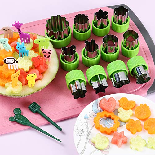 Vegetable Cutters Shapes Set, 12Pcs Stainless Steel Mini Cookie Cutters, Vegetable Cutter And Fruit Stamps Mold + 20Pcs Cute Cartoon Animals Food Picks And Forks -For Kids Baking And Food Supplement #TOP3