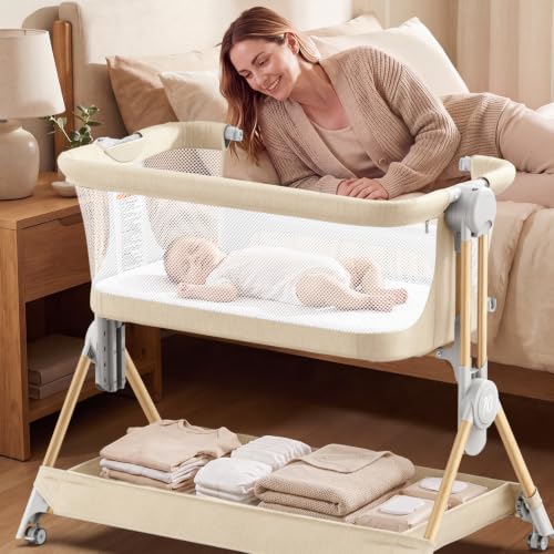 Image of ANGELBLISS Baby Bassinet, 3-in-1 Bedside Sleeper, One-Click Foldable Crib
