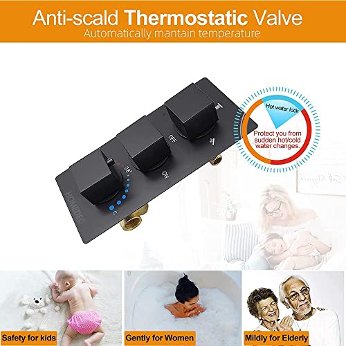 16Inch Matte Black Rain Shower System With 6Pcs Massage Body Jets, Full Body Shower Thermostatic Brass Faucets Complete Set, Ceiling Mounted #TOP6