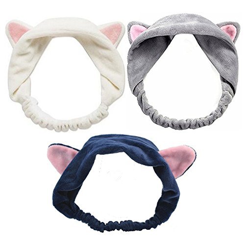 JUMUU Girl's Makeup Cat's Ear Etti Hair Band,Pack of 3 (White/Pink/Gray)