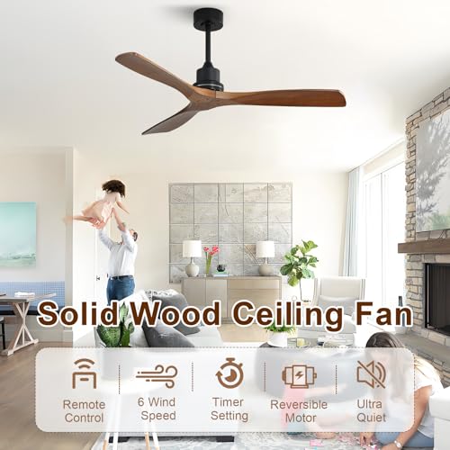 Sofucor 52 inch Ceiling Fan No Light, Solid Wood Indoor/Outdoor Ceiling Fans Without Lights, Remote Control, Reversible DC Motor, 3 Blade Low Profile Ceiling Fans for Patios, Bedroom, Farmhouse thumbnail 3