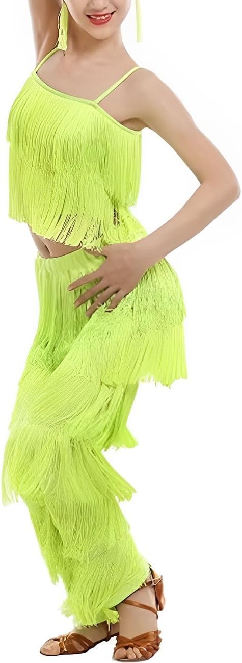 ZBH1985 Set da 2 pezzi con top e pantaloni da ballo latino con nappe, per sala da ballo, rumba, tango, salsa