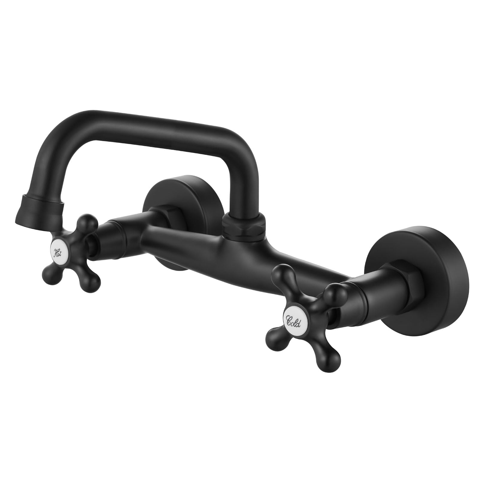 - Airuida Wall Mount Kitchen Sink Faucet for 6 Inch(15cm) Spout Reach 8 Inch Center Adjustable Center Double Cross Handles Hot and Cold Water Mixer Tap 360 Rotatable Faucet Matte Black