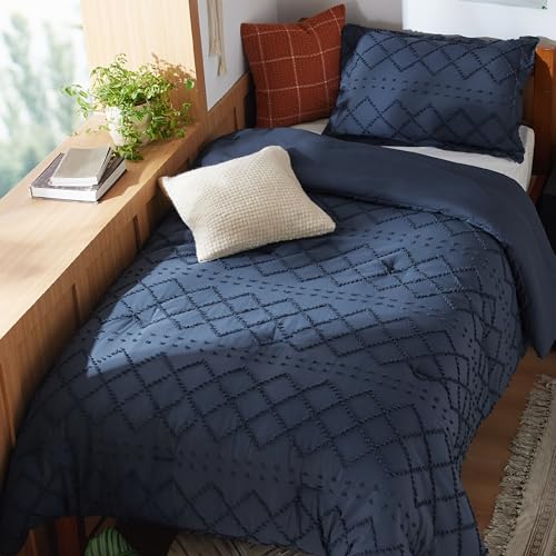 Image of Bedsure Twin Comforter Set - Navy Blue Comforter, Boho Tufted Distressed Vintage Bedding for Kids, 2 Pieces Farmhouse-Style Bed Set for All Seasons, Fluffy Soft Bedding with 1 Pillow Sham