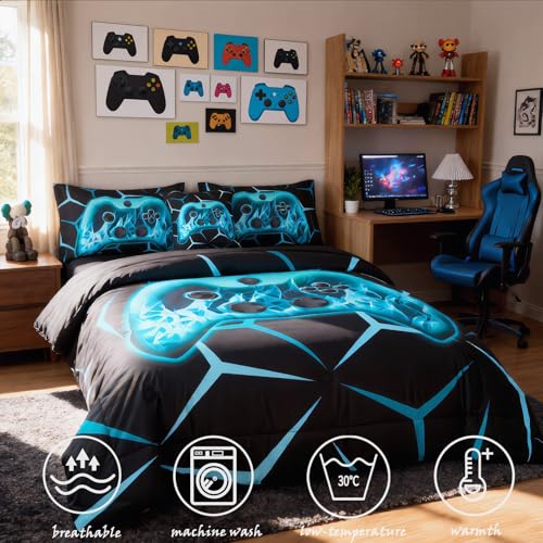 Image of ZRNBAST 6 Pieces Queen Bed in a Bag, Teal Gaming Comforter Set for Boys