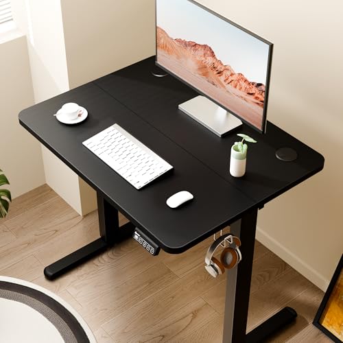 Image of ERGOMAKER Electric Standing Desk 80x60cm (31 inchx23.6 inch), Height Adjustable Sit Stand Desk with Splice Board for Home Office, Computer Desk Memory Preset (Black Frame + Black Desktop)