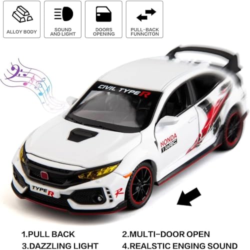 Image of 1:32 Scale Civic Type R Toy Car | Metal Pullback Diecast Car for Kids with Openable Doors, Sound, Light Effects Toy for Car Enthusiasts (Color As Per Available), red