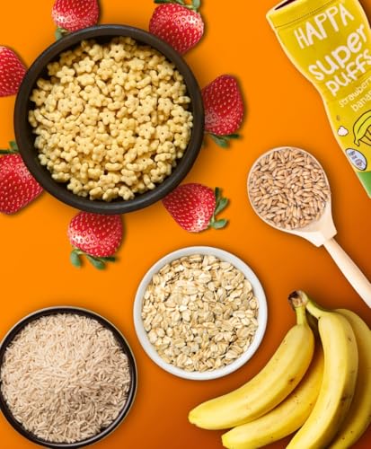Image of Happa Organic Multigrain Melts Teething Super Puffs (Healthy Organic Snack for Little One, 8 Months+) Apple & Cinammon + Strawberry & Banana + Vanilla & Blueberry (Pack of 3)