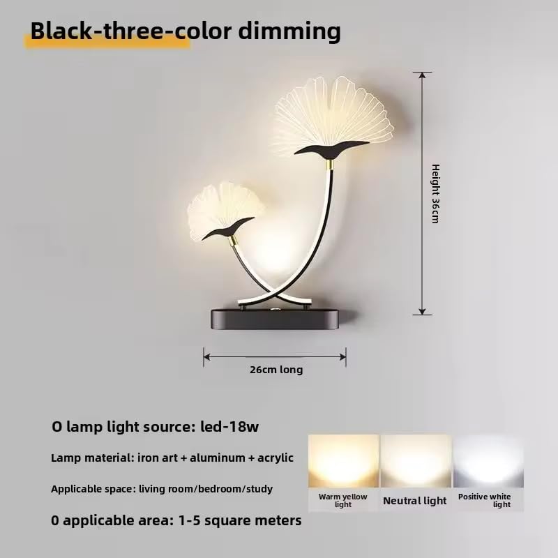 Image of Modern LED Wall Sconce Light, Dual Ginkgo-Stem Leaf Design, Metal Base with Three Colour Illumination (Warm White, Natural White, Cool White), Indoor Decorative Lighting, Black
