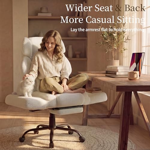 Image of Office Chair with Flip Armrests,Big and Tall Office Chair with Foot Rest,Extra Wide Seat & Lumbar Pillow,Ergonomic Computer Gaming Chair,Comfy Criss Cross Chair for Pets Sitting,Teddy Fleece,White