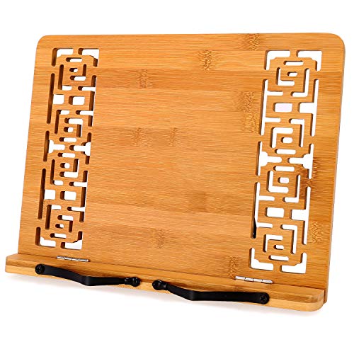 Megrez Foldable Bamboo Book Stand, Adjustable Cookbook Stand Reading Holder With Page Clips, (13.2 X 9.4 Inch) Desk Book Rest, Retro Hollow #TOP23