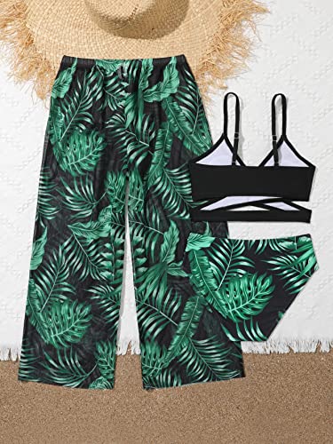 OYOANGLE Girl's 3 Piece Swimsuit Butterfly Print Criss Cross Bikini Set Bathing Suit with Mesh Pants2