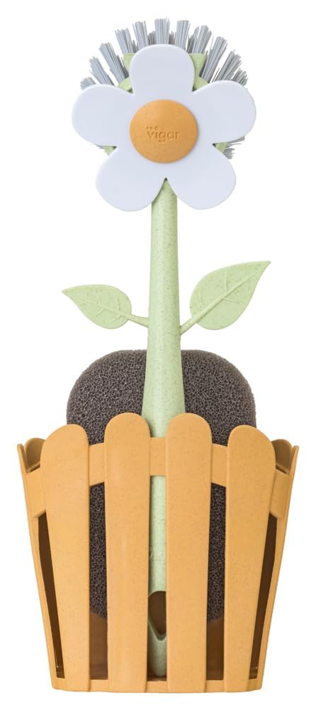 Vigar Florganic 3-in-1 Kitchen Sink Caddy Set, Flower-Shaped Dish Brush, Sponge, Fence-Shaped Holder and Suction Cup, Ideal Sink Organizer, Orange