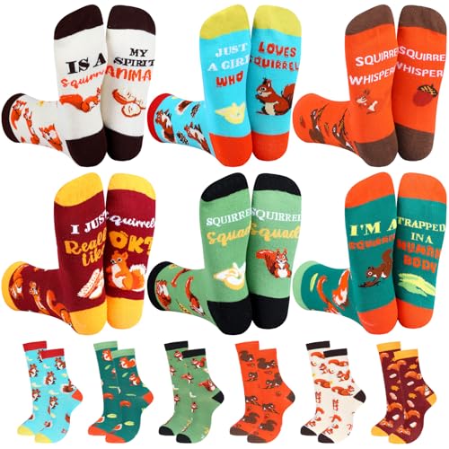 Berlune 6 Pair Novelty Socks for Women Men Yoga Art Squirrel Gifts Bulk Funny Teacher Gift Socks for Sport Art Lover(Squirrel)