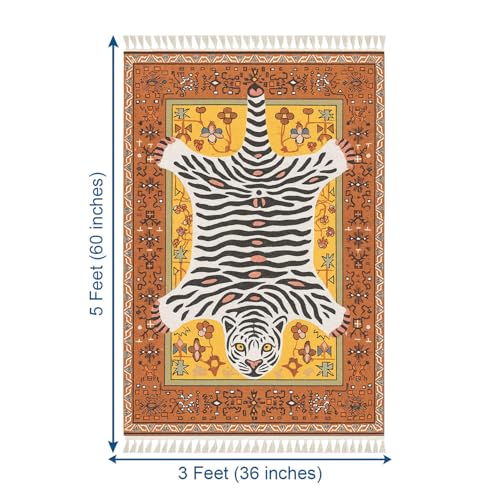 Image of LUXE HOME INTERNATIONAL Polyester White Tiger Design Carpets with Tassel Latex Backing Carpet for Hall, Living Room, Floor Rug, Bedroom Area Rug (3x5ft Multi)