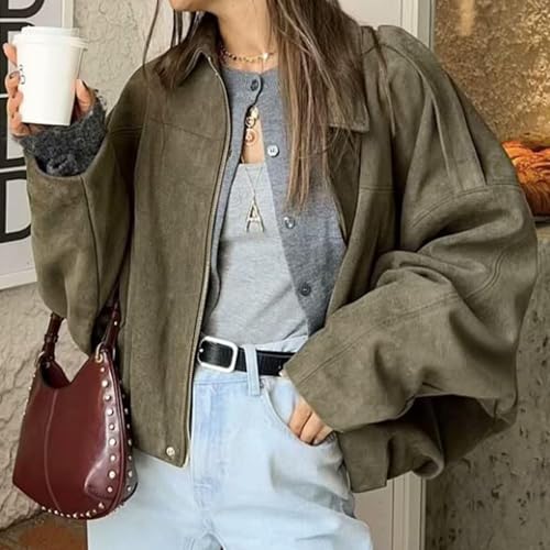 WOWULOVELY Women's Faux Suede Bomber Jacket Lapel Pilot Pocket Coat Casual Oversized Long Dolman Sleeves Spring Trendy Streetwear Pleated Hem Outerwear(01PocketArmyGreen-M) by WOWULOVELY - Used condition - Image 3