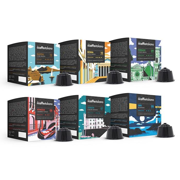 Kit Degustación Cápsulas de Café Il Caffè Italiano 96 Unid. - Compatibles Dolce Gusto - 6 Variedades: Napoli, Roma, Firenze, Venezia, Trieste, Dek - Surtido de Sabores Italianos