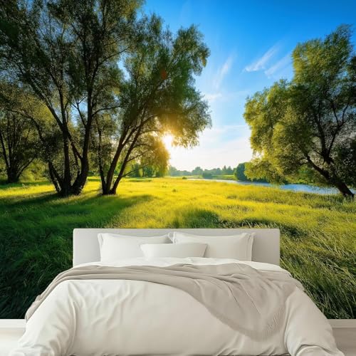 Fotomurales Decorativos Pared Primavera 3D Mural Autoadhesivo Pared Paisaje Verde Papel Pintado Tela de Seda Papel Tapiz Panorámico 200x140 cm B-4729