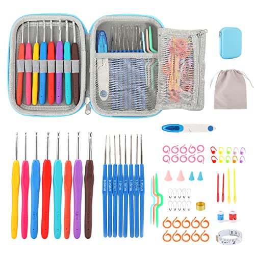 SDJNLXS 72-Piece Crochet Hooks Set Crochet Kit for Beginners Rubbery Handle Crochet Needles Crochet Stitch Markers,with Storage Case Crochet Supplies,Ergonomic Crochet Hook