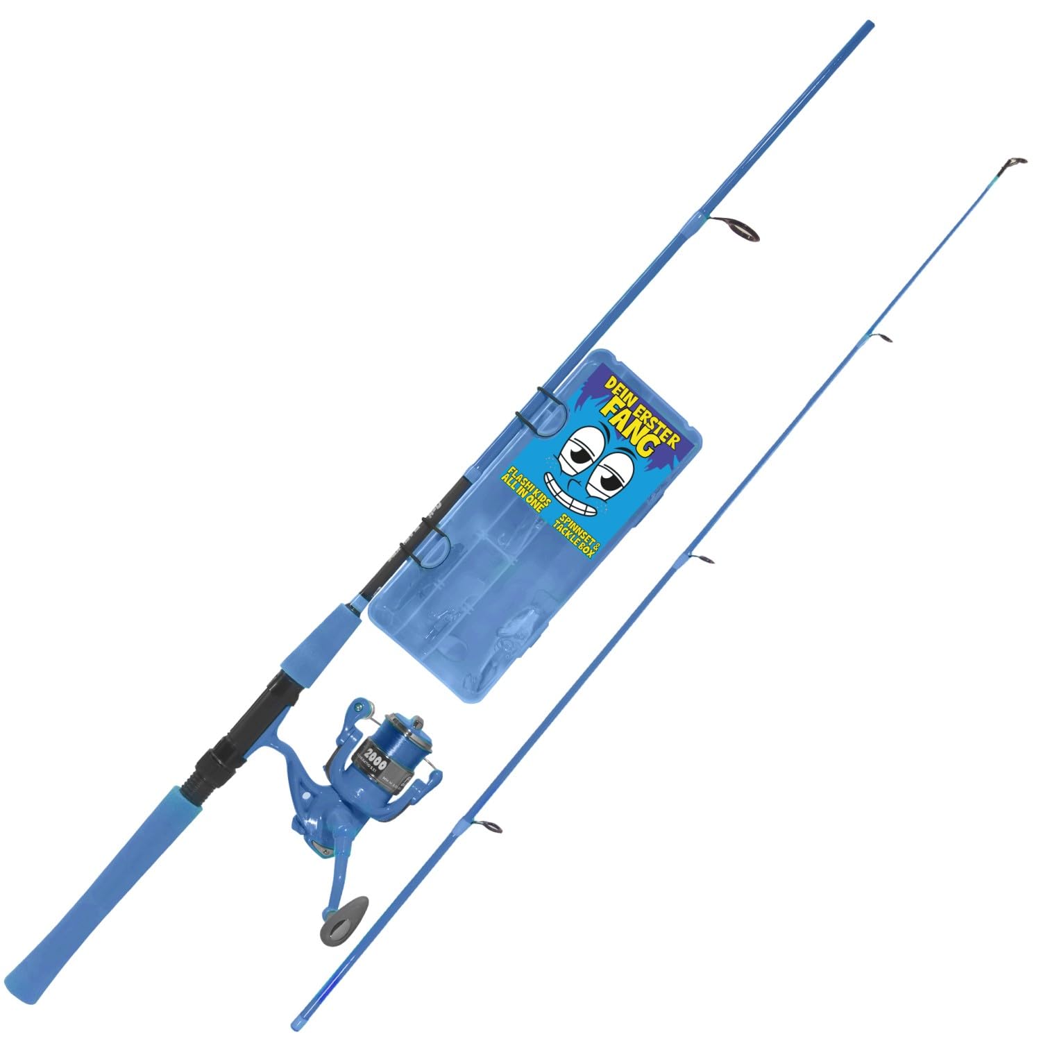 Flashi Kids Angel Combo Spinnrute Kinder Angel Set Blau & Pink | Blinkrolle, Rute, Tacklebox mit Ködern, Perfektes Spinnset für kleine Angler