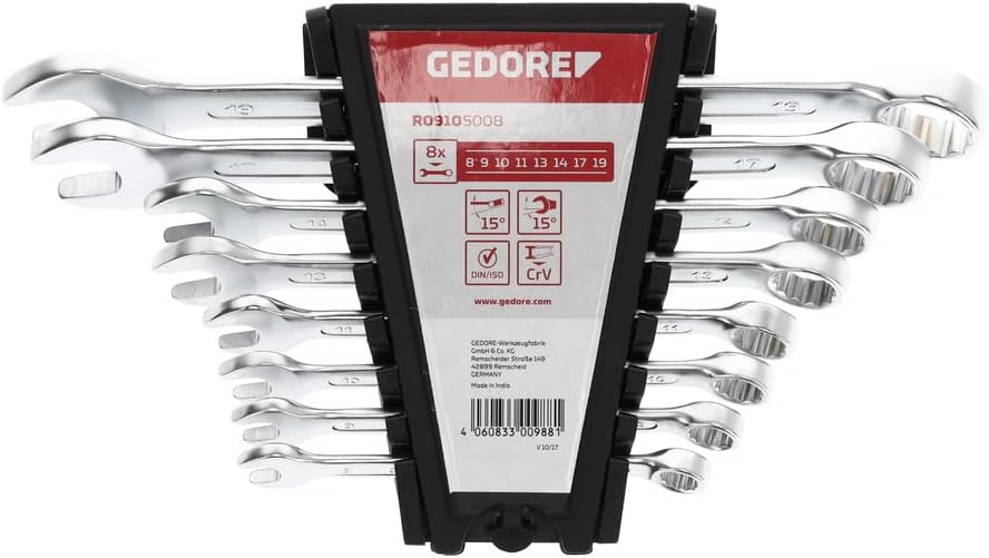 Gedore Red Combination Spanner Set, 8 Pieces, SW 8-19, Chrome Vanadium Steel, Silver