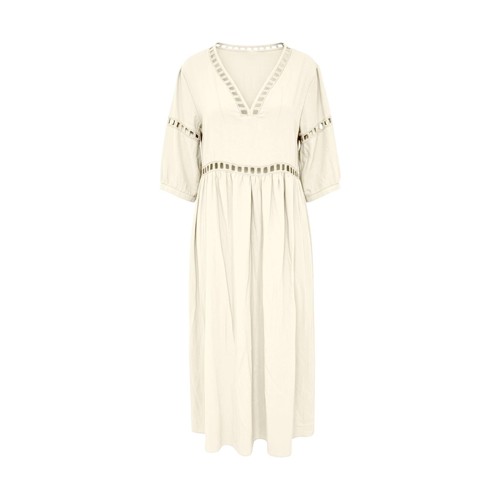 Generico Abito Lino Donna - Abito Estivo a Maniche a 3/4 Boho Chic Abiti Vacanza Comodo Taglie Forti Vestito Lungo in Cotone Scollo a V Largo Vestiti da Spiaggia Tinta Unita Morbido E Traspiranti