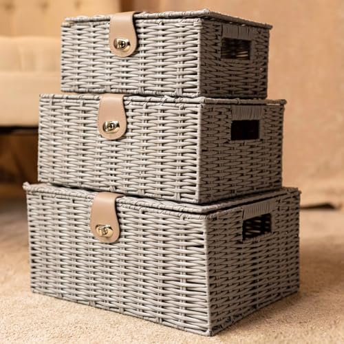 HomeZone Pack of 3 Lockable Grey Wicker Storage Basket with Lids Rattan Woven Decorative Storage Boxes with Lids Grey Baskets for Bathroom Bedroom Kitchen Stair Baskets Hampers - Cosy Home Interiors HomeZone Pack of 3 Lockable Grey Wicker Storage Basket with Lids Rattan Woven Decorative Storage Boxes with Lids Grey Baskets for Bathroom Bedroom Kitchen Stair Baskets Hampers - Image 9