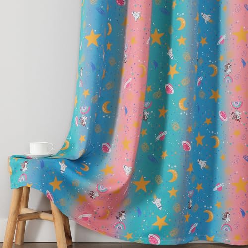 Image of Pink Teal and Blue Star & Moon Blackout Curtains for Girls Bedroom,38Wx72L