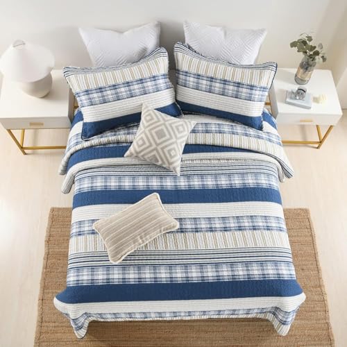 Image of Homzard Twin Comforter- Blue Twin Bedding Sets, Plaid Striped Twin Quilt, Blue White Tan Quilt 100% Cotton, Farmhouse Comforter Bedspread 2 Pieces