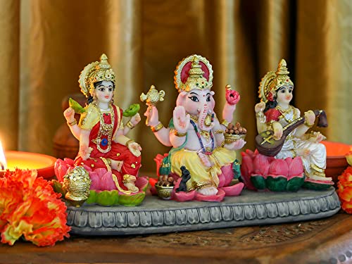 India Laxmi Ganesh Saraswati Statue - 3.9”H Indian God Lakshmi Ganesha Saraswati Idol Figurine Hindu Diwali Gifts Diwali Decoration Home Office Mandir Temple Pooja Item #TOP2