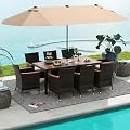 Tangkula 10 Piece Patio Rattan Dining Set with 15Ft Double-Sided Umbrella, Outdoor Heavy Duty Acacia Wood Table and Stackable Wicker Chairs Set, Umbrella with Weighted Base