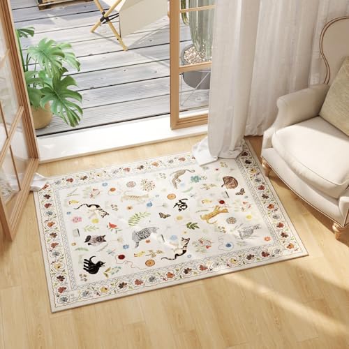 Door Mat Indoor Entrance 2x3 Rug Machine Washable Boho Floral Animal Cat Small Area Rug Non-Slip Low Pile Throw Rugs for Entryway Kitchen Front Door Indoor Entrance Entry Kids Room, Beige