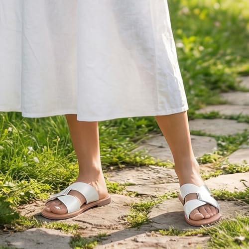 Image of Luoika Women's Wide Width Flat Slides Sandals, Strapy Slide Sandal Slip on Dressy Summer Shoes for Women.